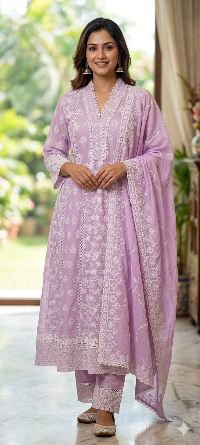 Elegant Mall Cotton Chikankari Kurta Set with Straight Pants & Embroidered Dupatta-13892 RB135