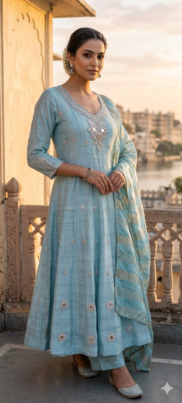 Elegant Anakarli Surat Mulchanderi A-Line Kurta Set with Mirror Embellished Neckline, Straight Pants & Banarasi Striped Dupatta-13884 RB51