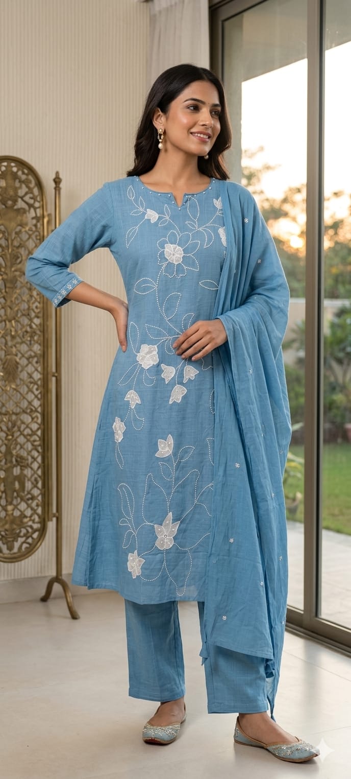 Delicate white floral Premium Hand-Embroidered Cotton Kurta Set with Scalloped Neckline-13940