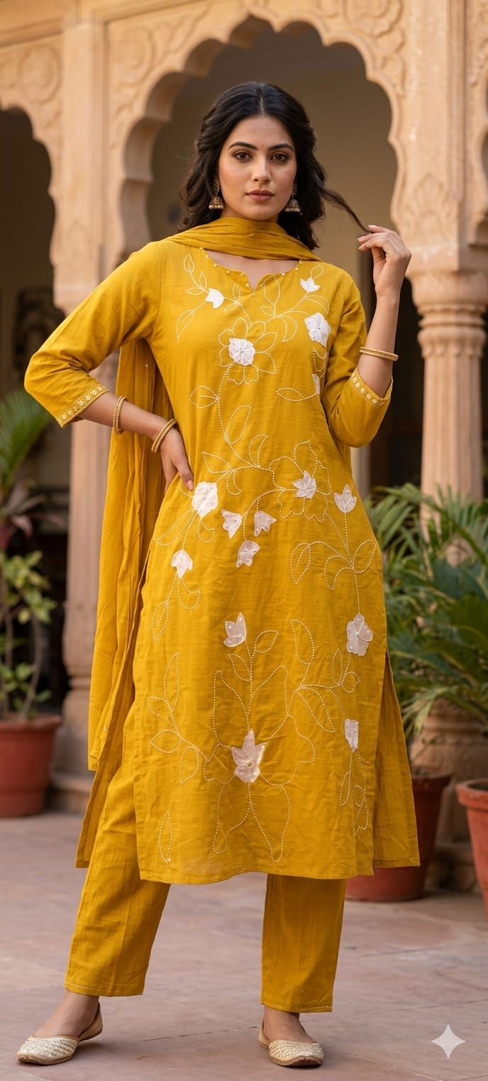 Delicate white floral Premium Hand-Embroidered Cotton Kurta Set with Scalloped Neckline-13940
