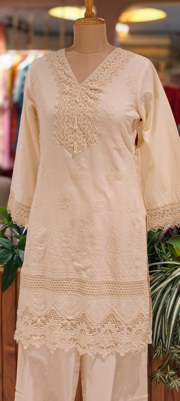 Elegant Cotton Schiffli Embroidered Kurta Pant Set with Lace Detailing 13972 RB36