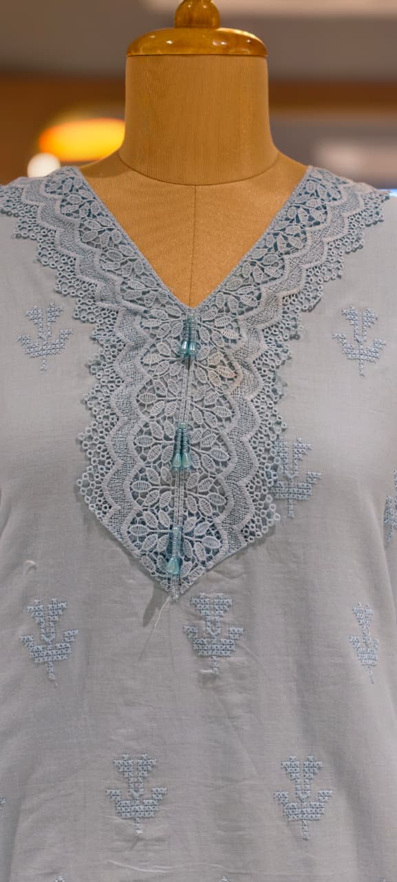 Elegant Cotton Schiffli Embroidered Kurta Pant Set with Lace Detailing 13972 RB36