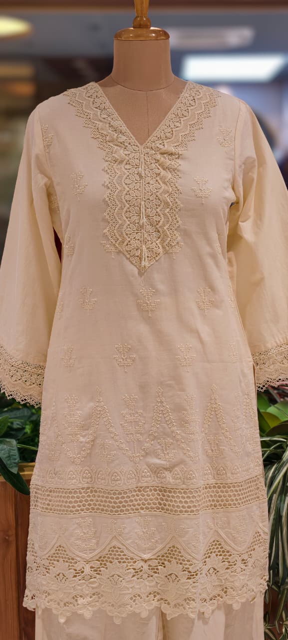 Elegant Cotton Schiffli Embroidered Kurta Pant Set with Lace Detailing 13972 RB36