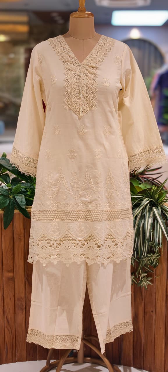 Elegant Cotton Schiffli Embroidered Kurta Pant Set with Lace Detailing 13972 RB36
