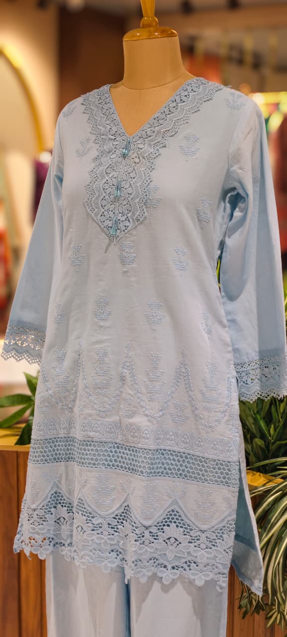 Elegant Cotton Schiffli Embroidered Kurta Pant Set with Lace Detailing 13972 RB36