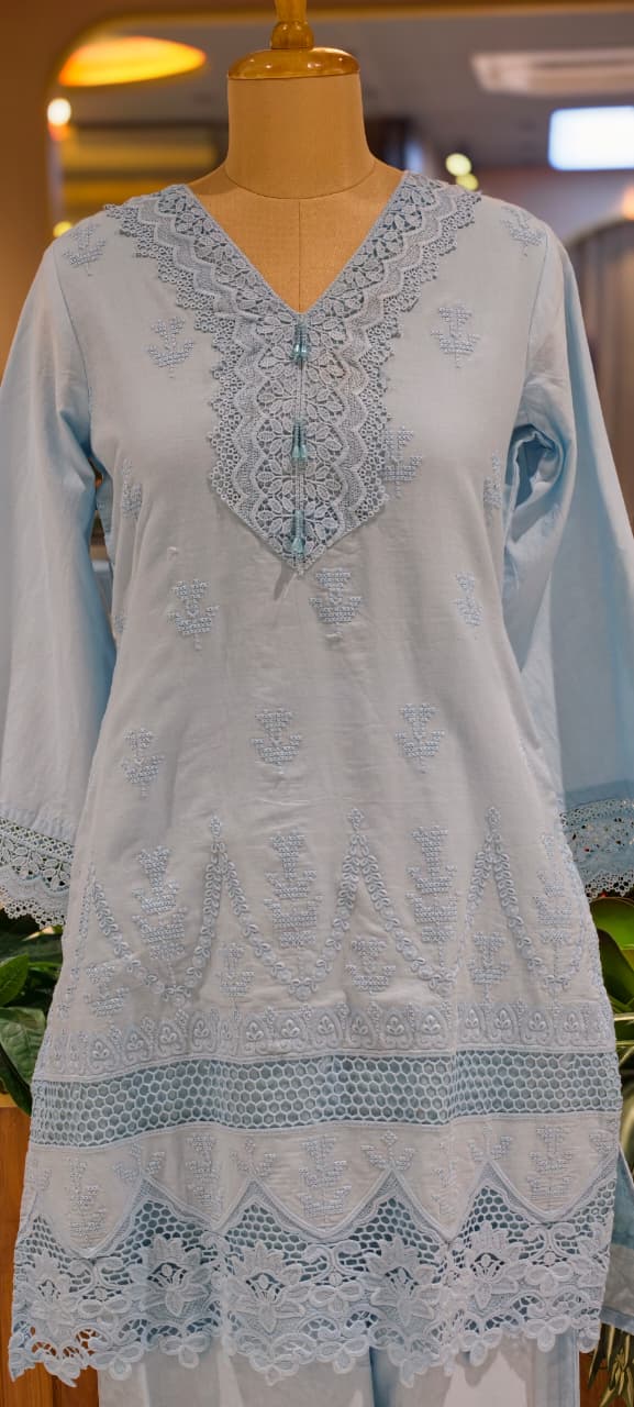 Elegant Cotton Schiffli Embroidered Kurta Pant Set with Lace Detailing 13972 RB36