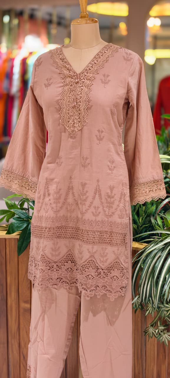 Elegant Cotton Schiffli Embroidered Kurta Pant Set with Lace Detailing 13972 RB36