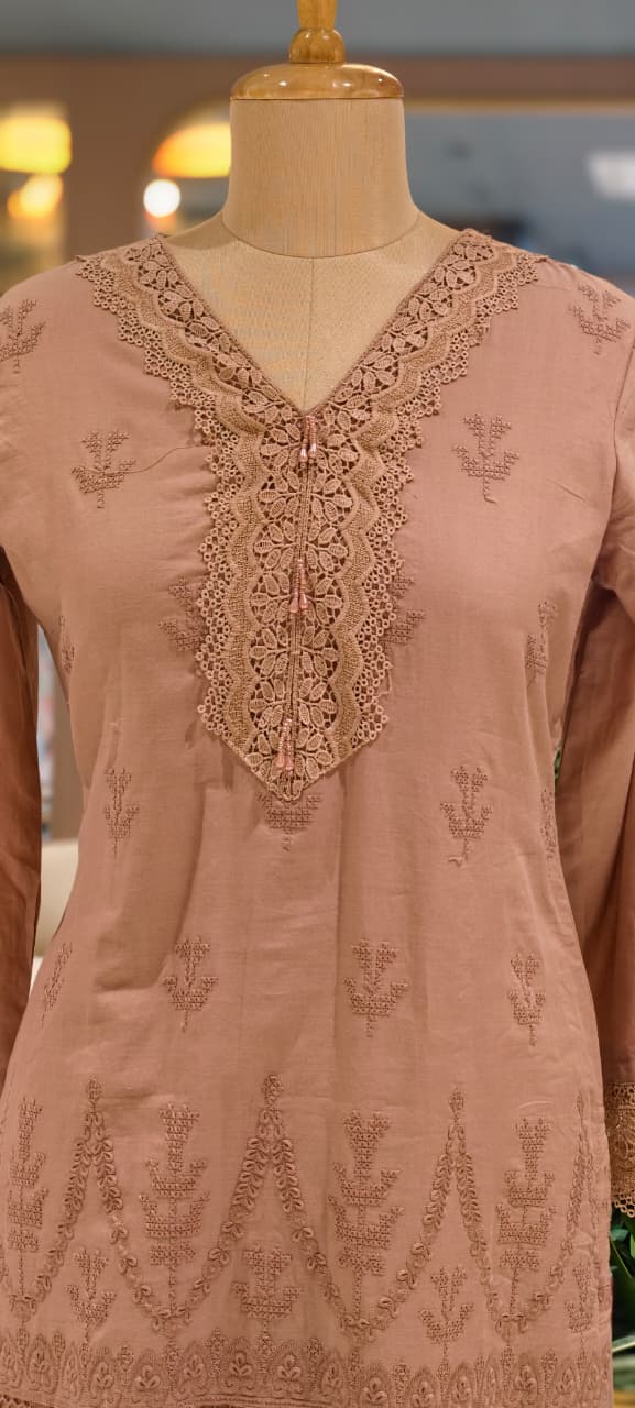 Elegant Cotton Schiffli Embroidered Kurta Pant Set with Lace Detailing 13972 RB36