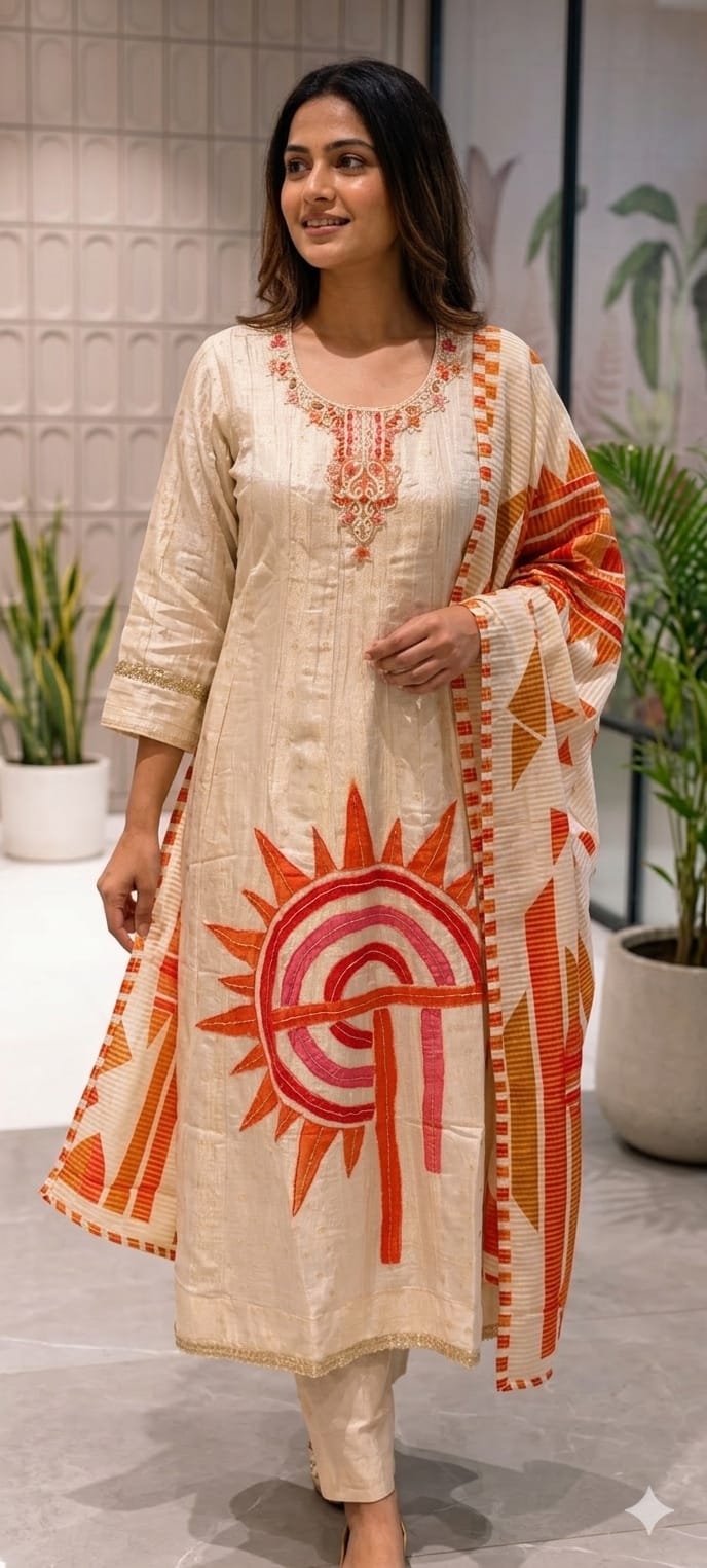 Premium Cotton Silk A-Line Kurta Set with Artistic Sun Motif Embroidery & Designer Printed Dupatta-RB40