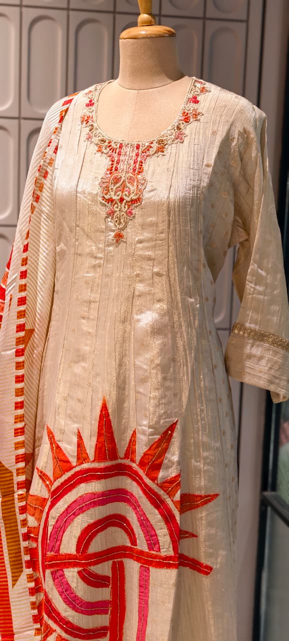 Premium Cotton Silk A-Line Kurta Set with Artistic Sun Motif Embroidery & Designer Printed Dupatta-RB40