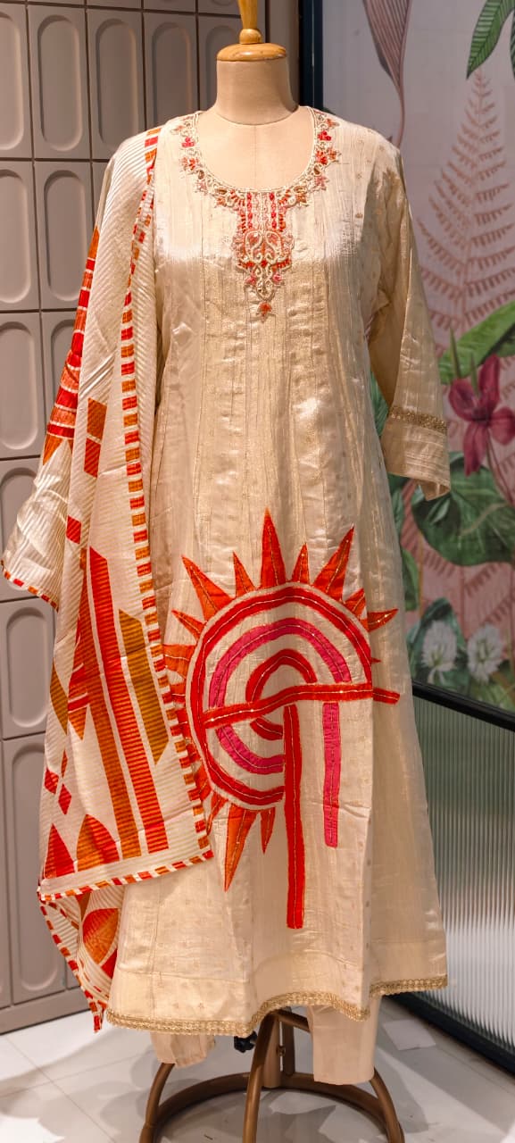Premium Cotton Silk A-Line Kurta Set with Artistic Sun Motif Embroidery & Designer Printed Dupatta-RB40