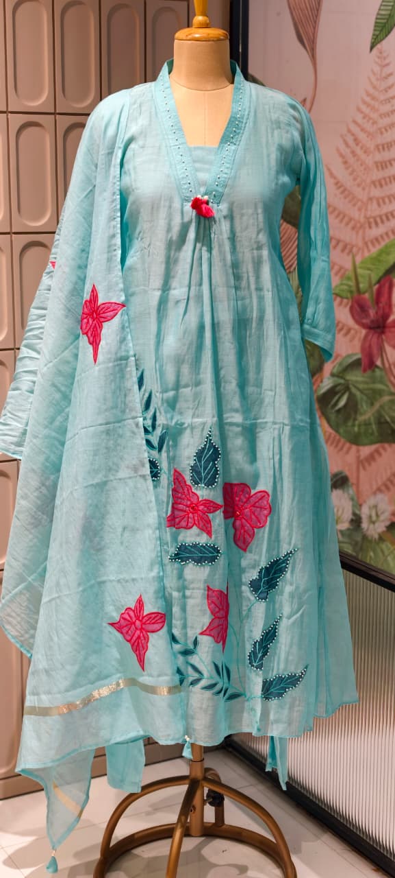 Premium Surat Mul Chanderi A-Line Set with Handcrafted Floral Appliqué Work & Elegant Dupatta 13929 RB41