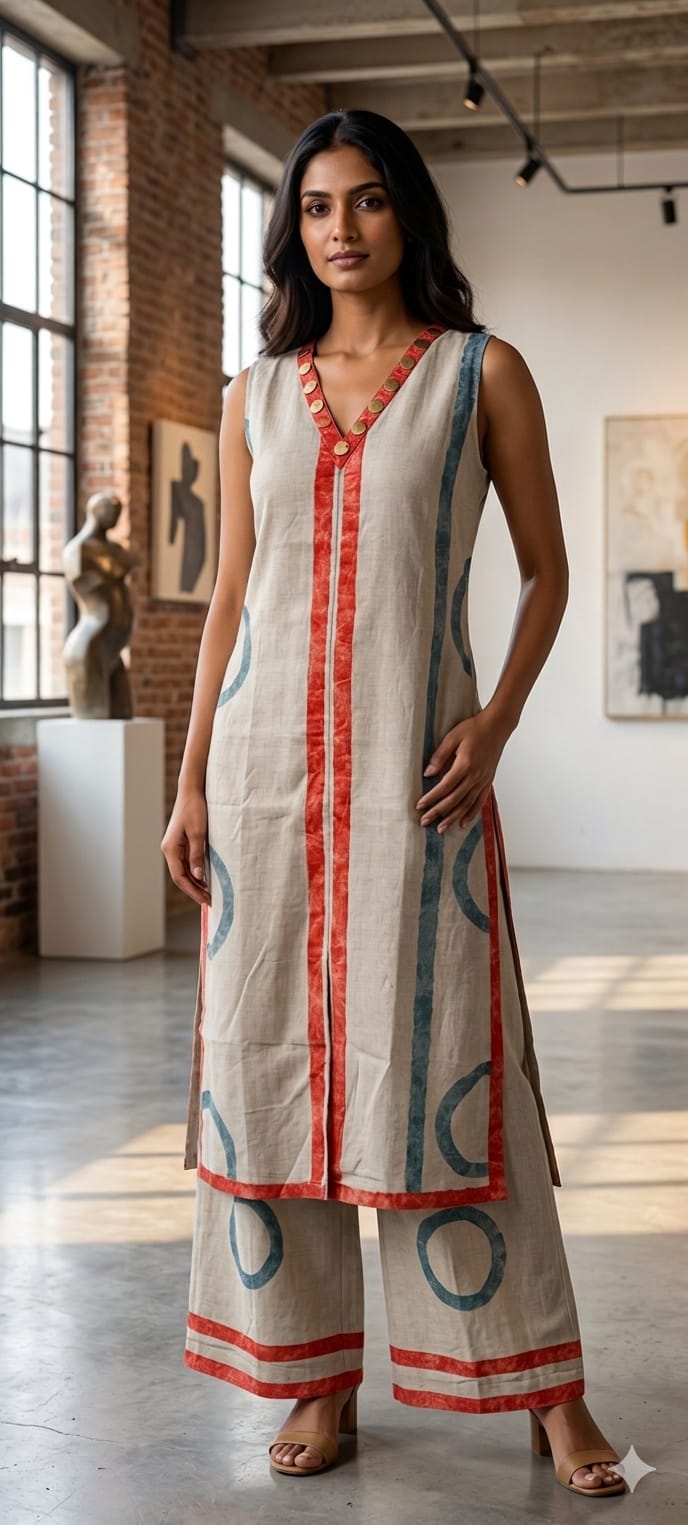 Premium Linen-Cotton Sleeveless Straight Kurta with Wide-Leg Palazzo Pant 14014 RB43