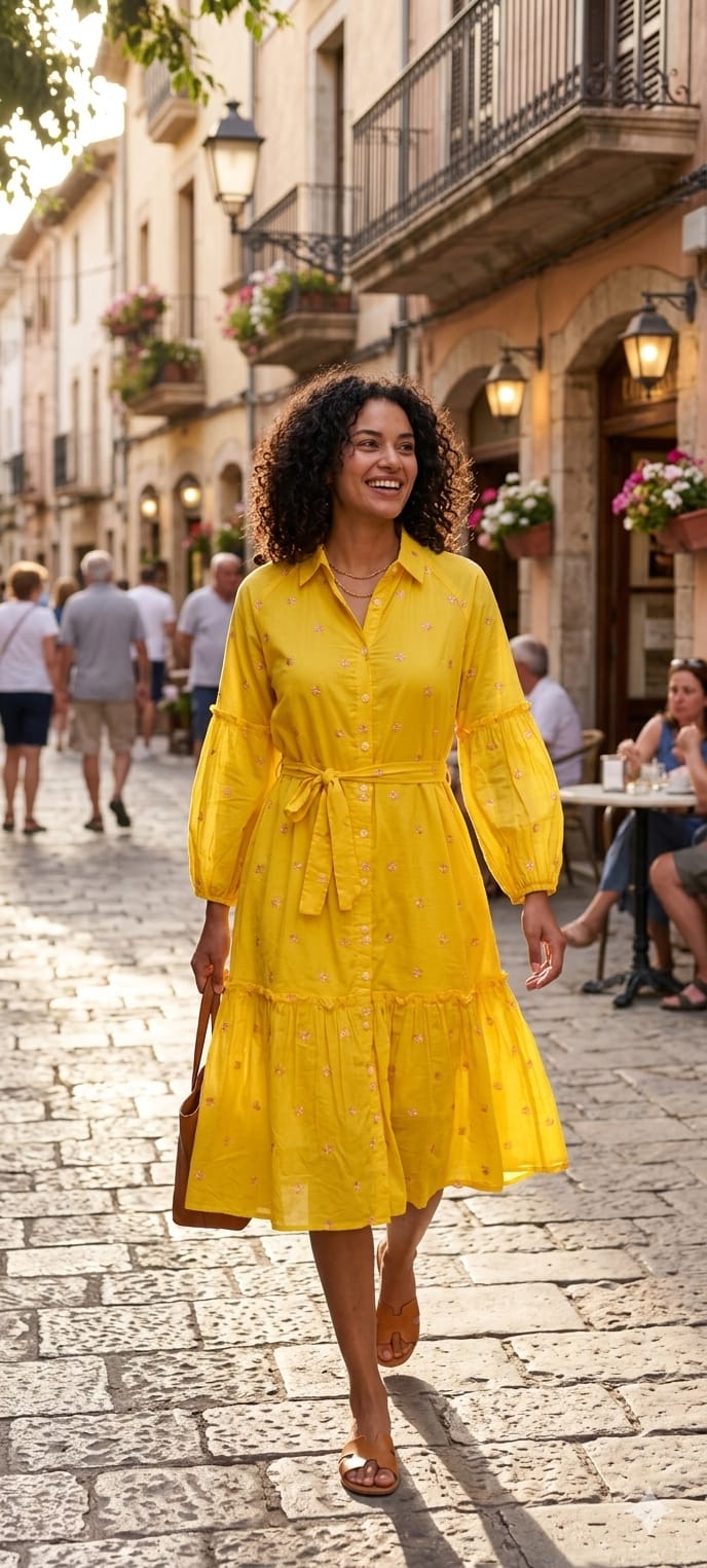 Sunshine Yellow Cotton Mul Shirt Dress with Delicate Embroidery & Tie-Up Waist RB60