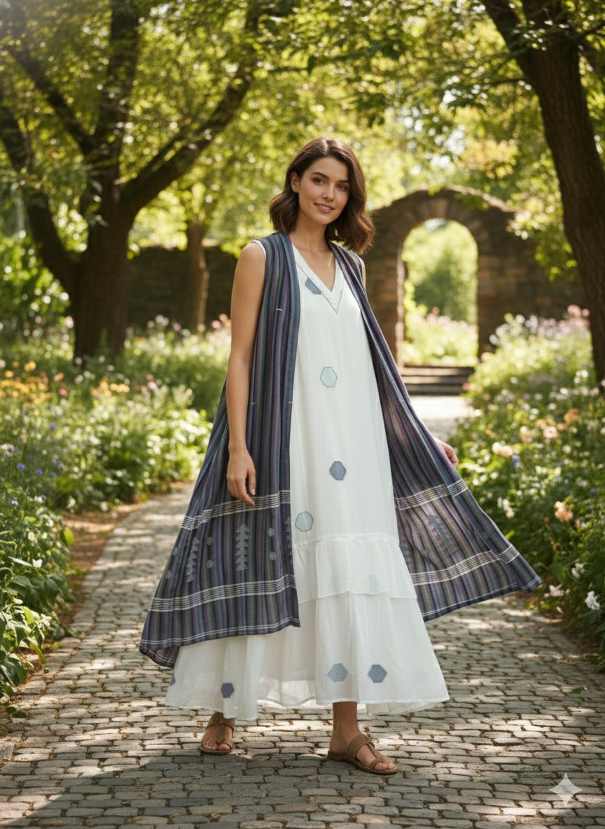 Ivory Cotton Mul Layered Midi Dress with Subtle Motifs & Striped Overlay Jacket Attached Sleves inside 14063 RB58