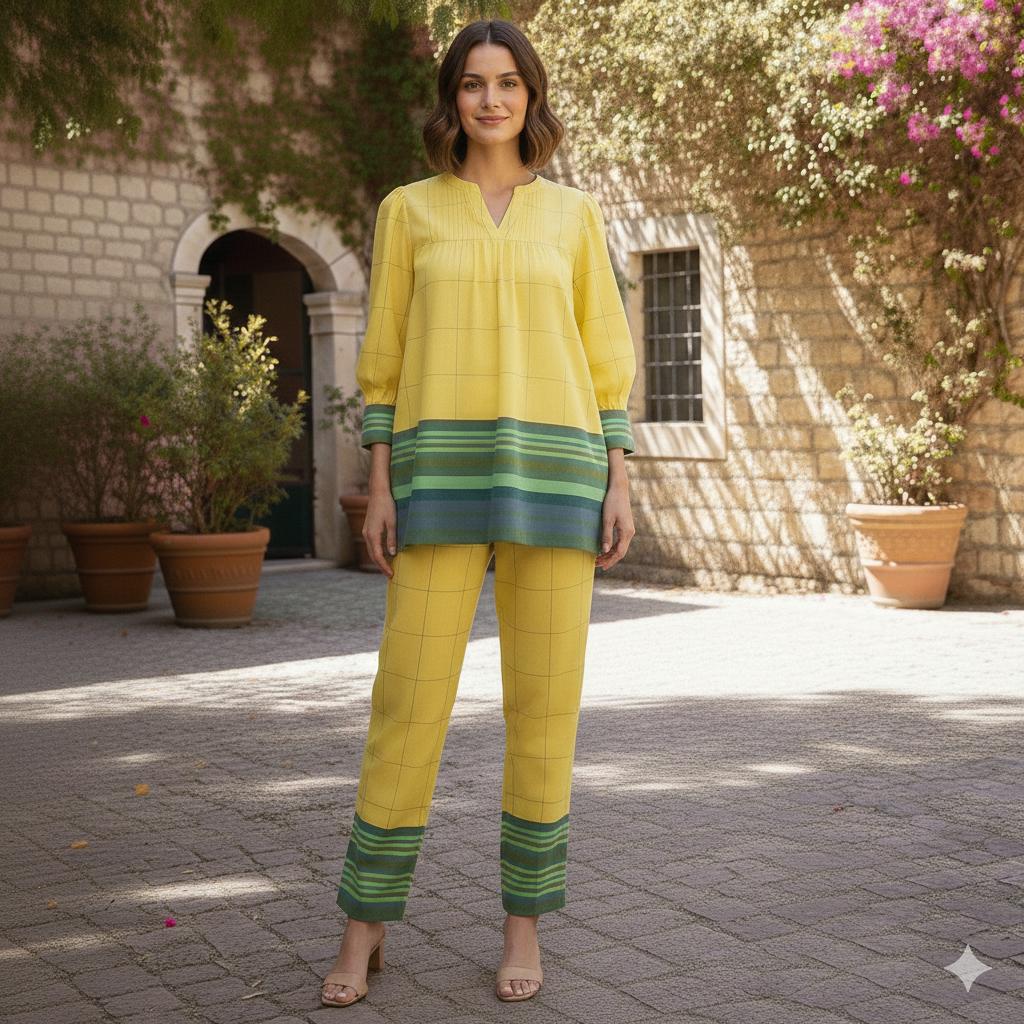 Mustard Mul Cotton Co-Ord Set with Check Pattern & Contrast Border RB65