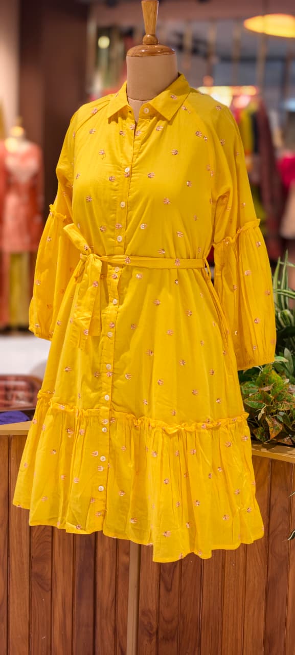 Sunshine Yellow Cotton Mul Shirt Dress with Delicate Embroidery & Tie-Up Waist