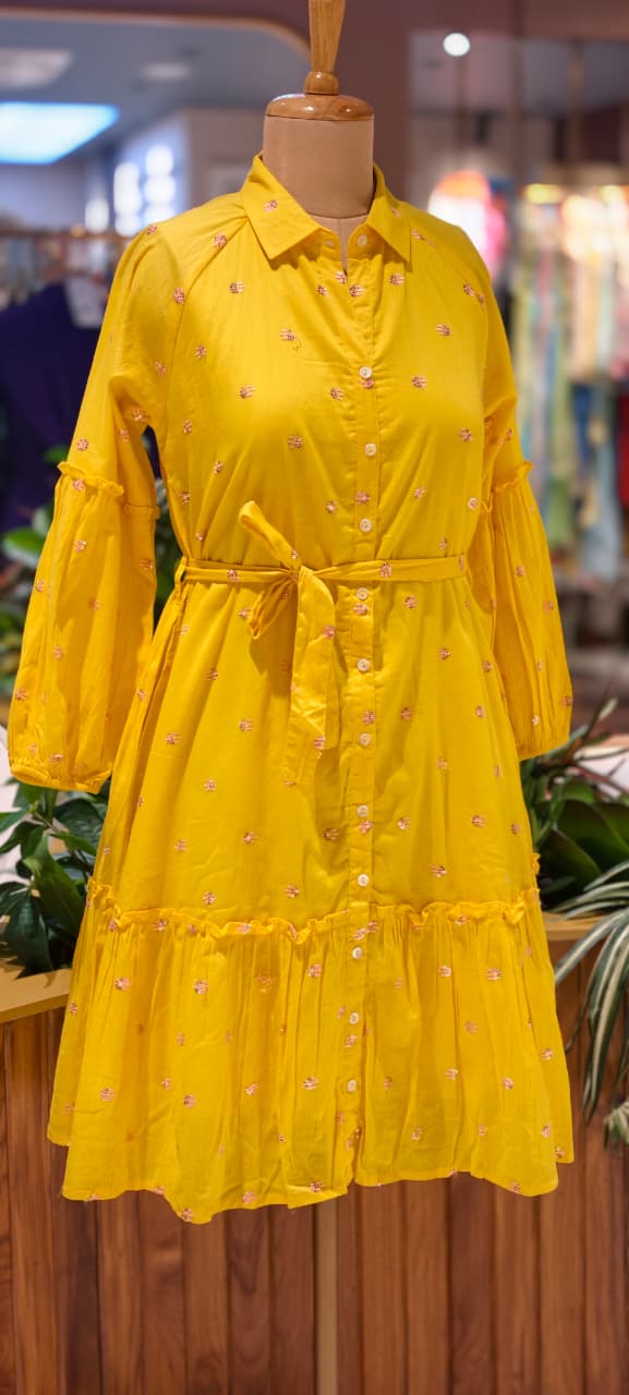 Sunshine Yellow Cotton Mul Shirt Dress with Delicate Embroidery & Tie-Up Waist