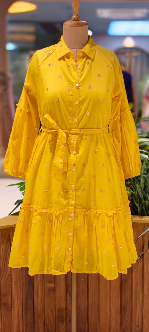 Sunshine Yellow Cotton Mul Shirt Dress with Delicate Embroidery & Tie-Up Waist