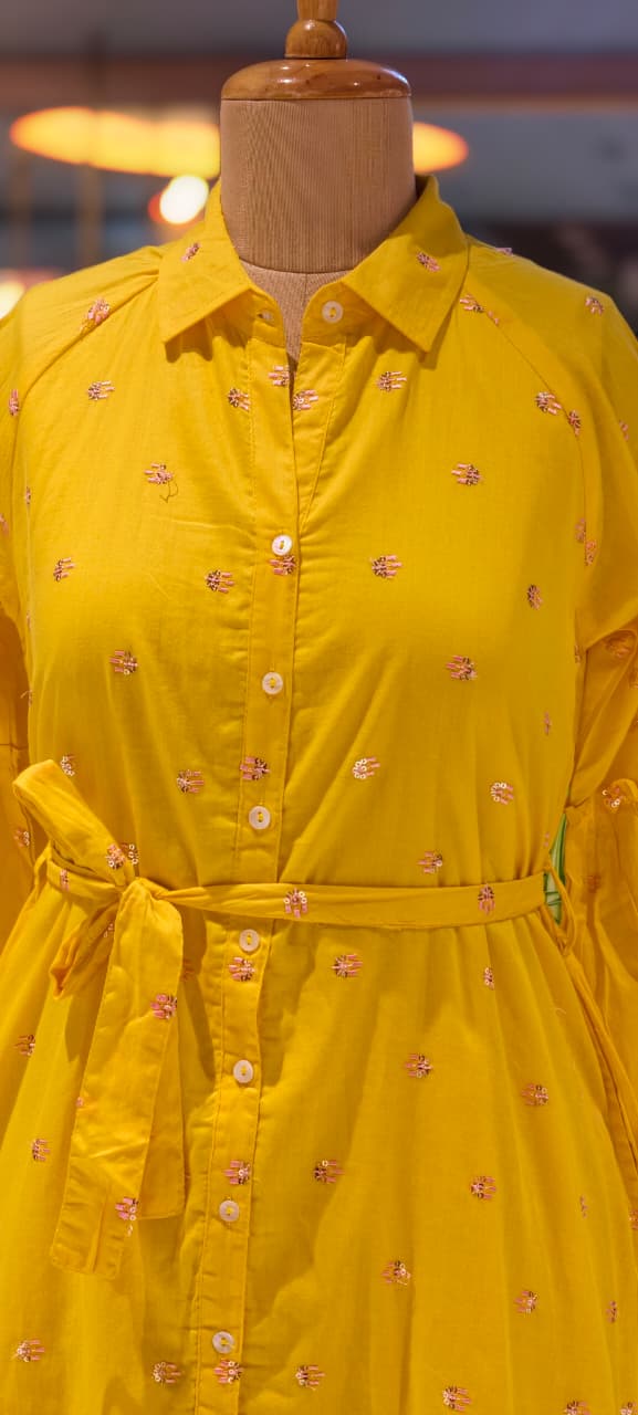 Sunshine Yellow Cotton Mul Shirt Dress with Delicate Embroidery & Tie-Up Waist