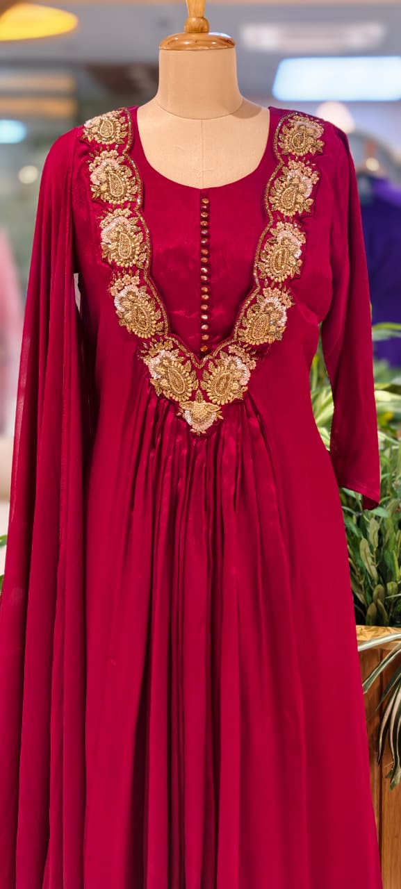 Golden Intricate Embroidery Work 3D Yoke Neck Line Anarkali Full Suit Set With Dupatta- 13998