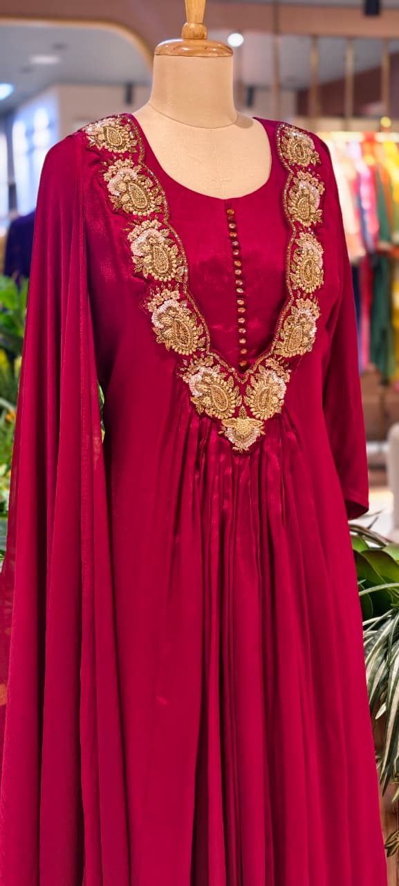 Golden Intricate Embroidery Work 3D Yoke Neck Line Anarkali Full Suit Set With Dupatta- 13998