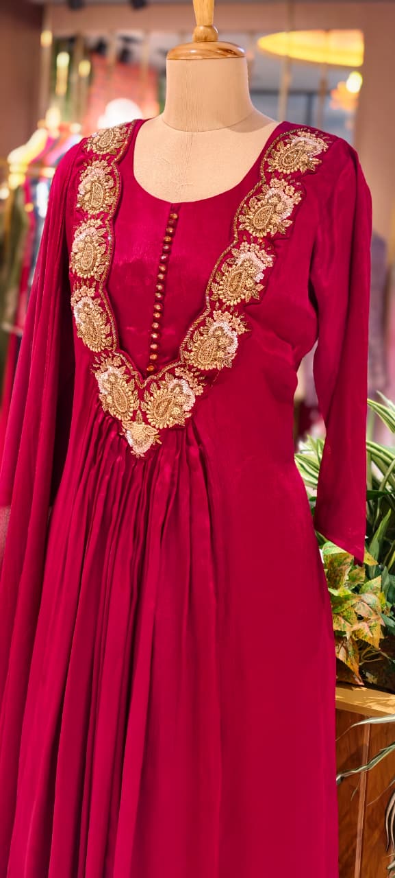Golden Intricate Embroidery Work 3D Yoke Neck Line Anarkali Full Suit Set With Dupatta- 13998