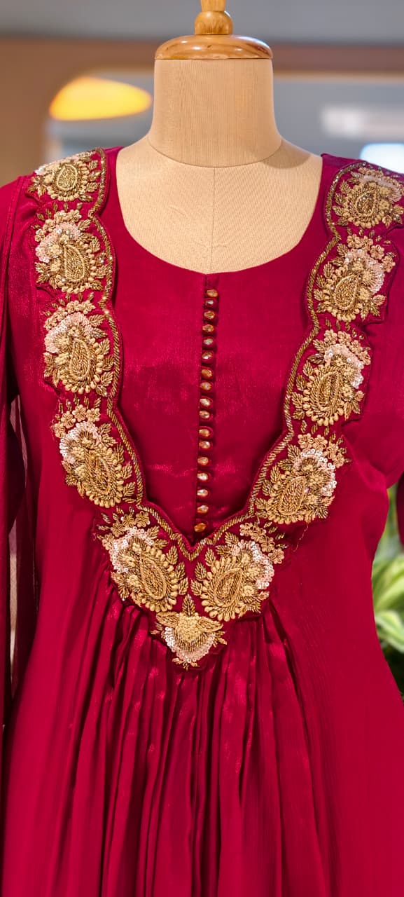 Golden Intricate Embroidery Work 3D Yoke Neck Line Anarkali Full Suit Set With Dupatta- 13998