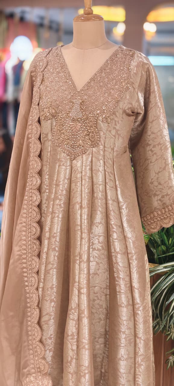 Jacquard Pattern Stunning Heavy Neck Embroidery Brocade Panel Anarkali Full Set- 14072