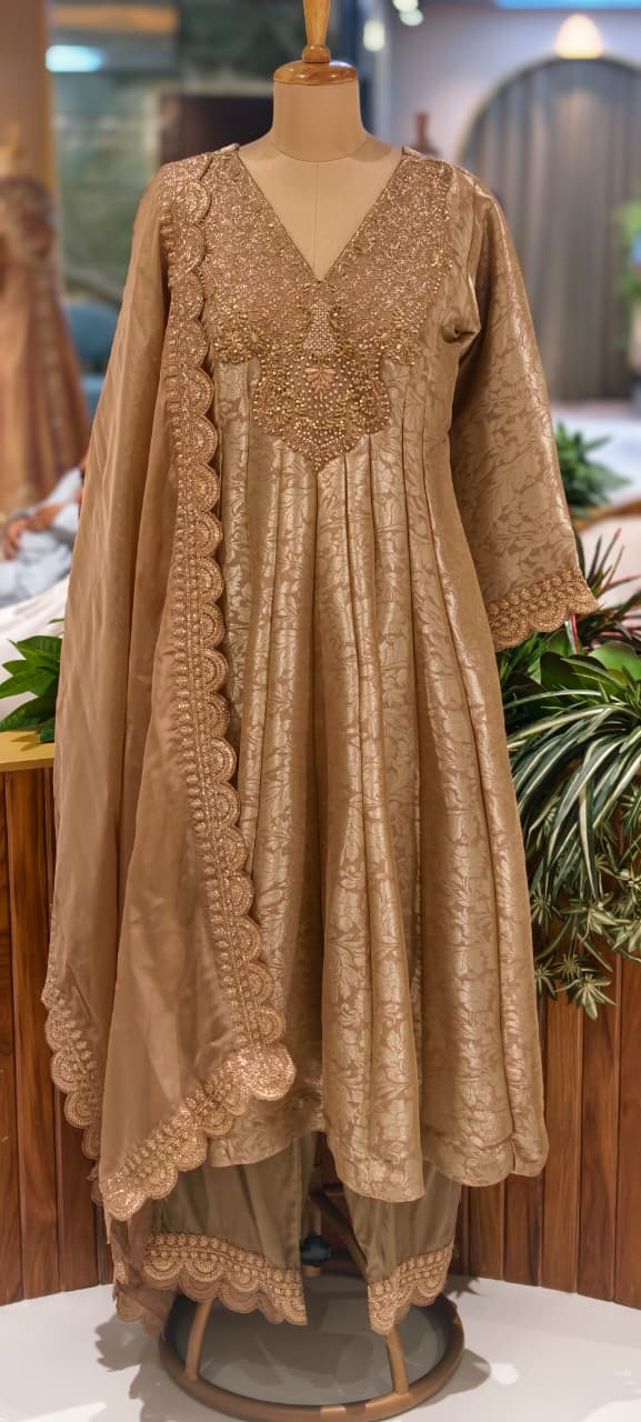 Jacquard Pattern Stunning Heavy Neck Embroidery Brocade Panel Anarkali Full Set- 14072