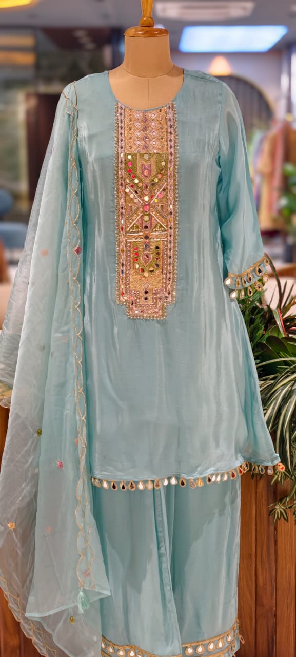 Royal Multicolor Yoke With Real Mirror Touch A-Line Full Suit Set With Dupatta In HO Silk Fabric- 14074