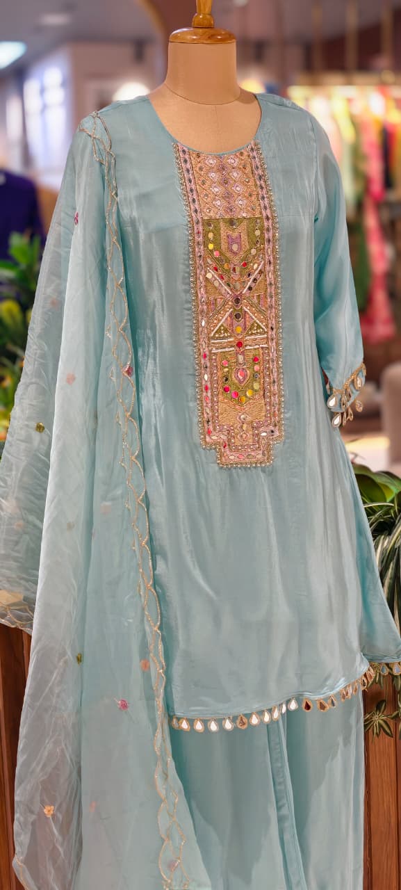 Royal Multicolor Yoke With Real Mirror Touch A-Line Full Suit Set With Dupatta In HO Silk Fabric- 14074