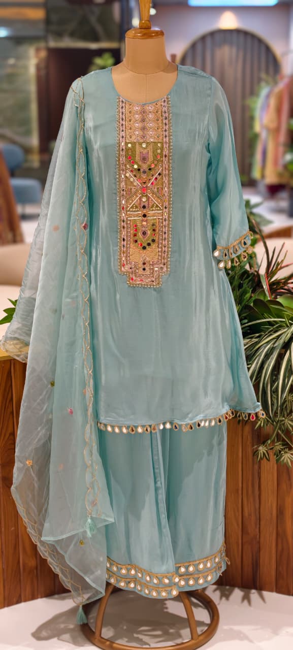 Royal Multicolor Yoke With Real Mirror Touch A-Line Full Suit Set With Dupatta In HO Silk Fabric- 14074