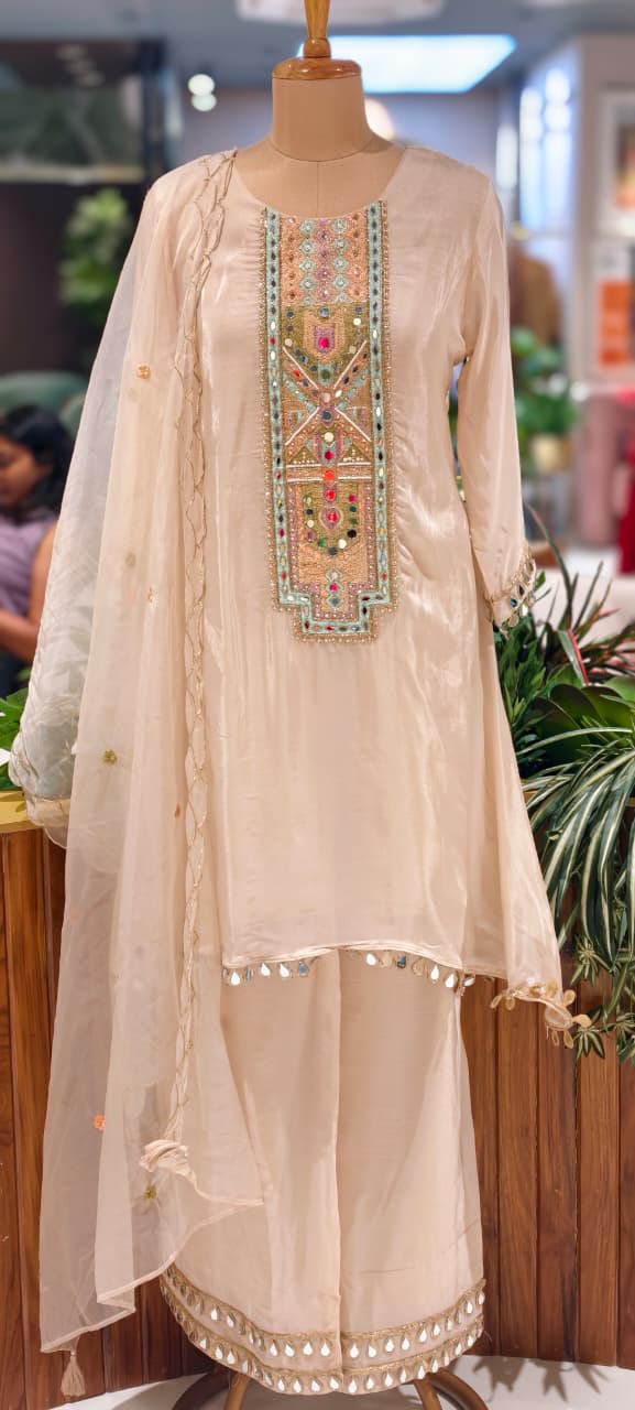 Royal Multicolor Yoke With Real Mirror Touch A-Line Full Suit Set With Dupatta In HO Silk Fabric- 14074