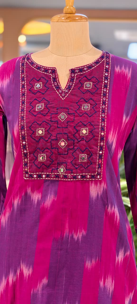 Ikkat Inspired Summer Wear Cotton Kurta Pant Set With Mirror Touch In Yoke  RB111-14032