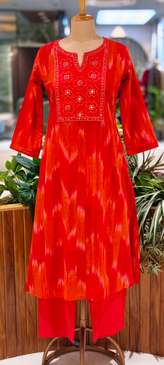 Ikkat Inspired Summer Wear Cotton Kurta Pant Set With Mirror Touch In Yoke  RB111-14032