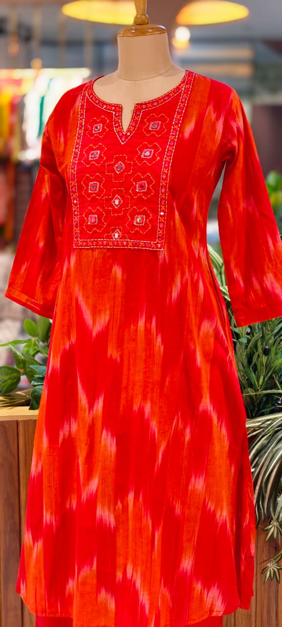 Ikkat Inspired Summer Wear Cotton Kurta Pant Set With Mirror Touch In Yoke  RB111-14032