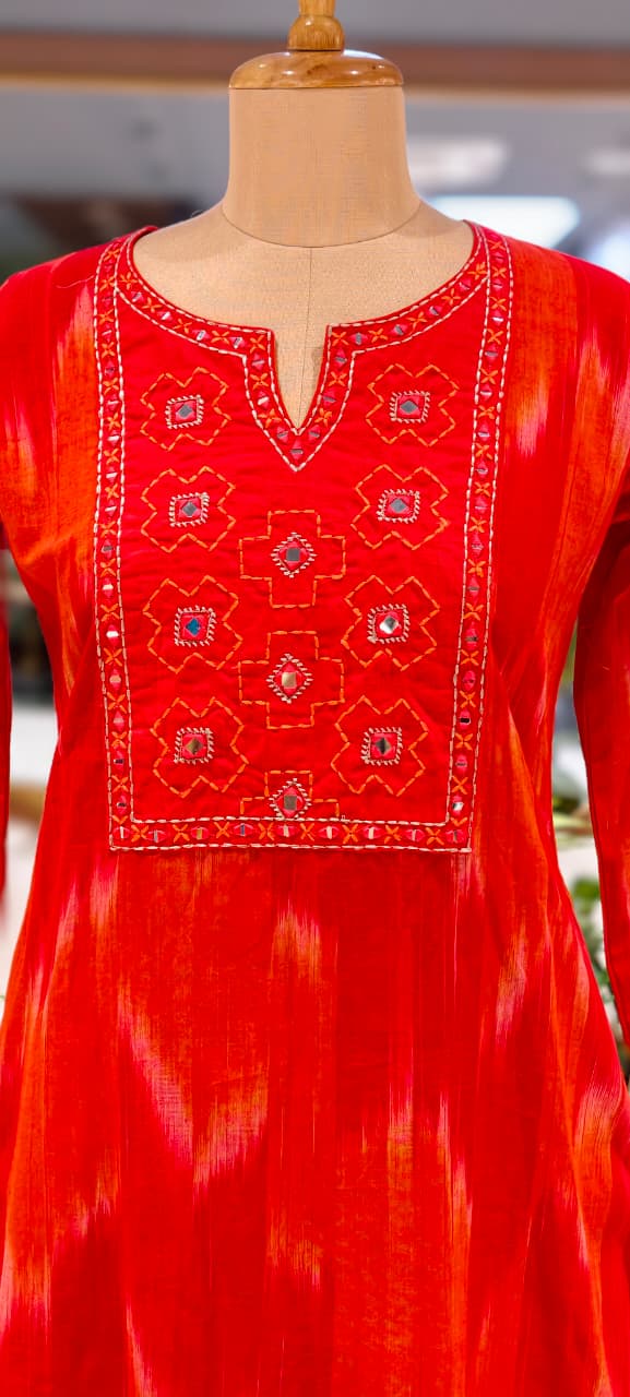Ikkat Inspired Summer Wear Cotton Kurta Pant Set With Mirror Touch In Yoke  RB111-14032