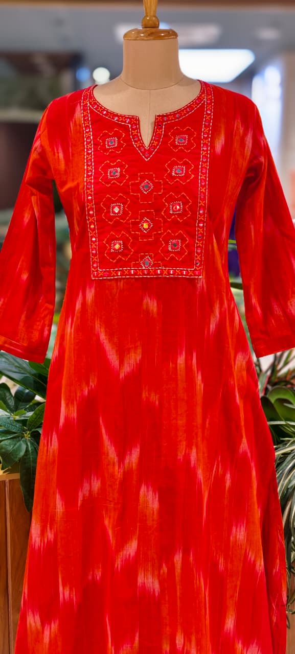 Ikkat Inspired Summer Wear Cotton Kurta Pant Set With Mirror Touch In Yoke  RB111-14032