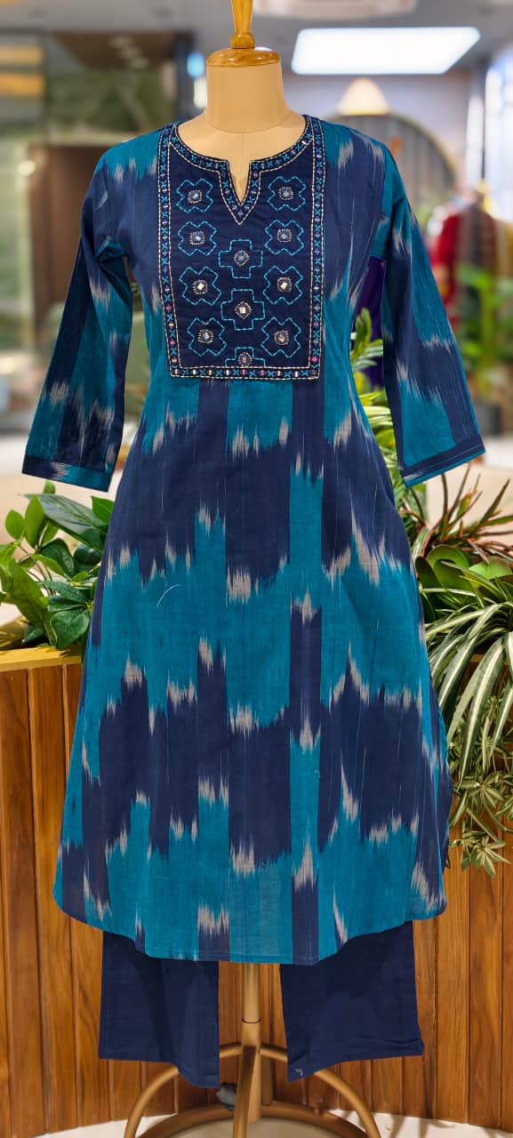 Ikkat Inspired Summer Wear Cotton Kurta Pant Set With Mirror Touch In Yoke  RB111-14032