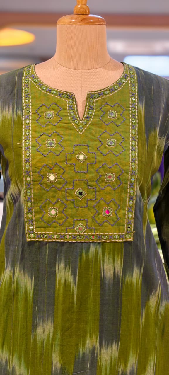 Ikkat Inspired Summer Wear Cotton Kurta Pant Set With Mirror Touch In Yoke  RB111-14032