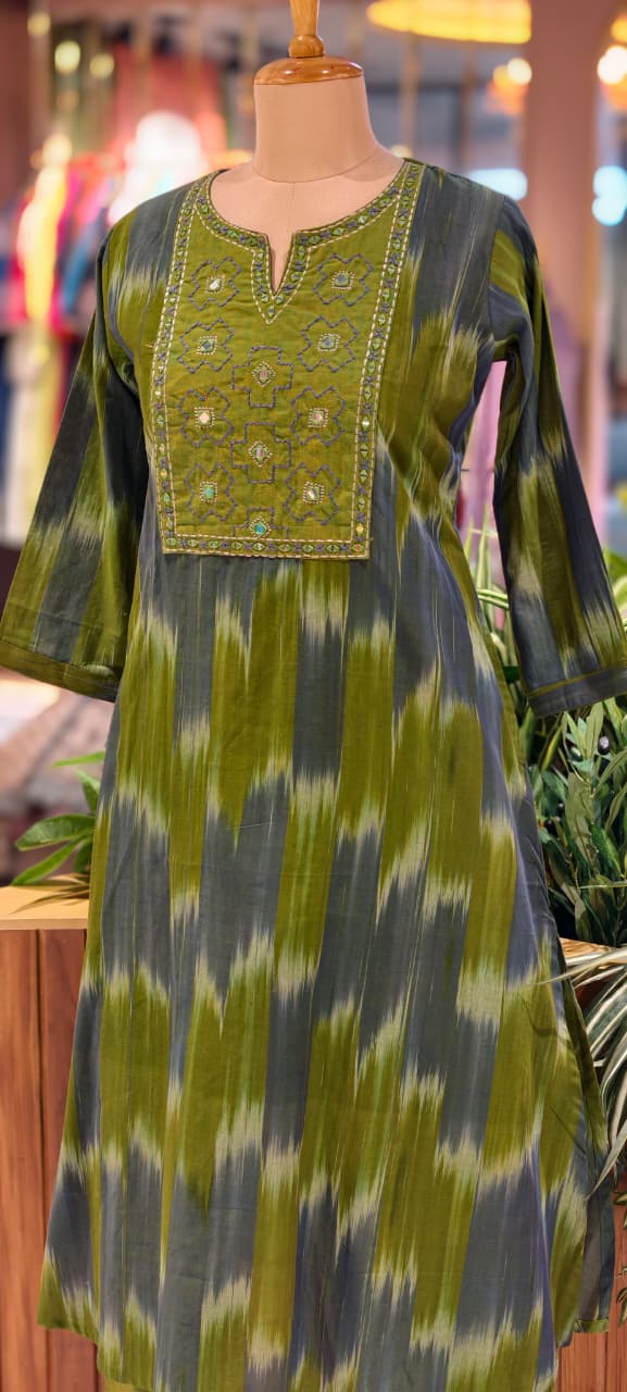Ikkat Inspired Summer Wear Cotton Kurta Pant Set With Mirror Touch In Yoke  RB111-14032