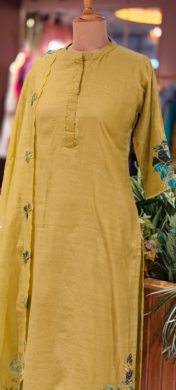 Very Smart Look Solid Mul Chanderi Full Suit Set With Dupatta With Minimal Embroidery Work Downside In Mul Chanderi Fabric-RB108-14031