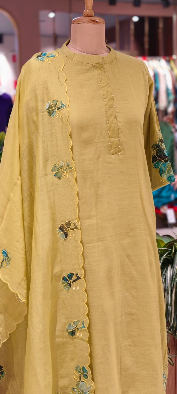 Very Smart Look Solid Mul Chanderi Full Suit Set With Dupatta With Minimal Embroidery Work Downside In Mul Chanderi Fabric-RB108-14031