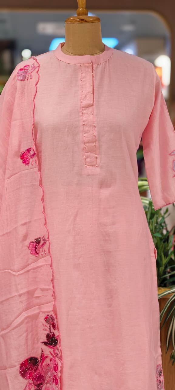 Very Smart Look Solid Mul Chanderi Full Suit Set With Dupatta With Minimal Embroidery Work Downside In Mul Chanderi Fabric-RB108-14031