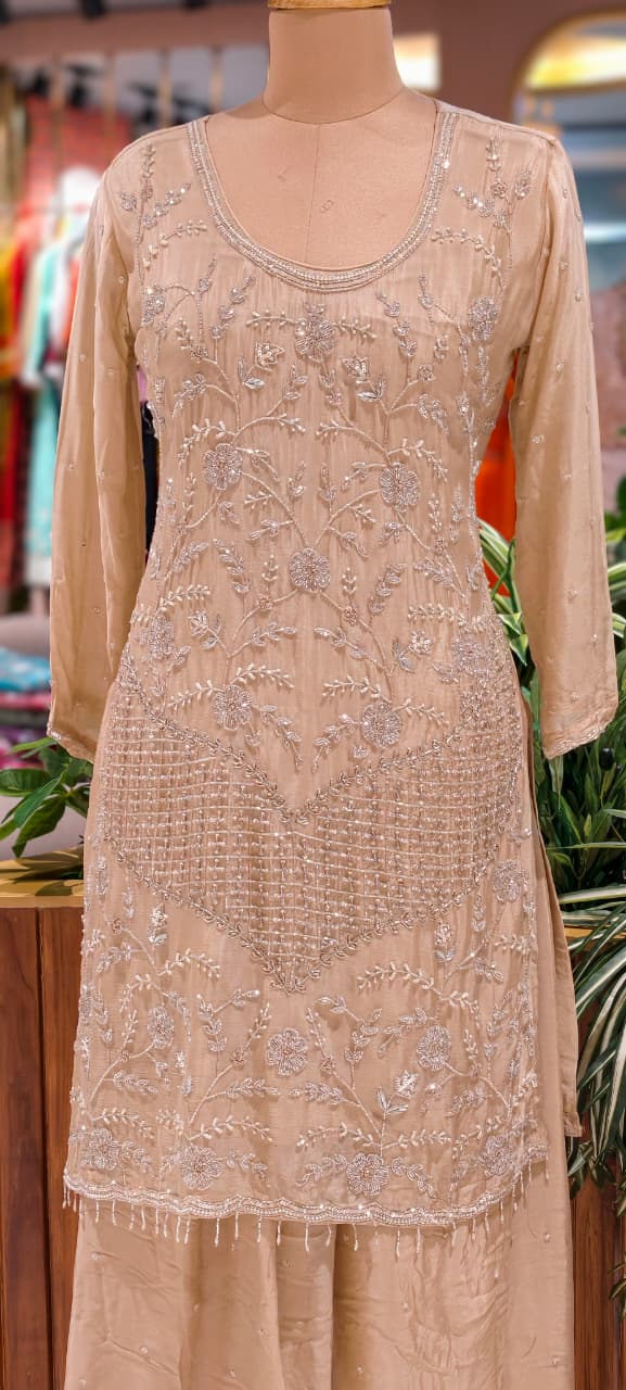 Cut Dana Floral Blossom Elegant Handwork Heavy Full Suit Set With Scalloped Dupatta In Chinon Fabric- 13631