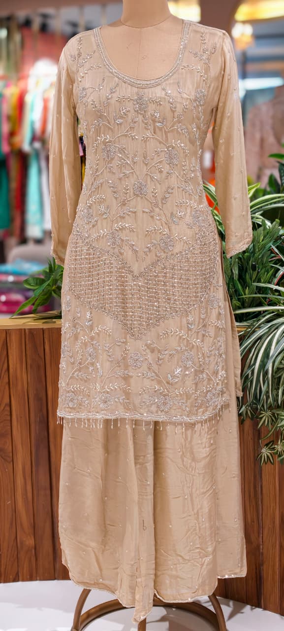 Cut Dana Floral Blossom Elegant Handwork Heavy Full Suit Set With Scalloped Dupatta In Chinon Fabric- 13631