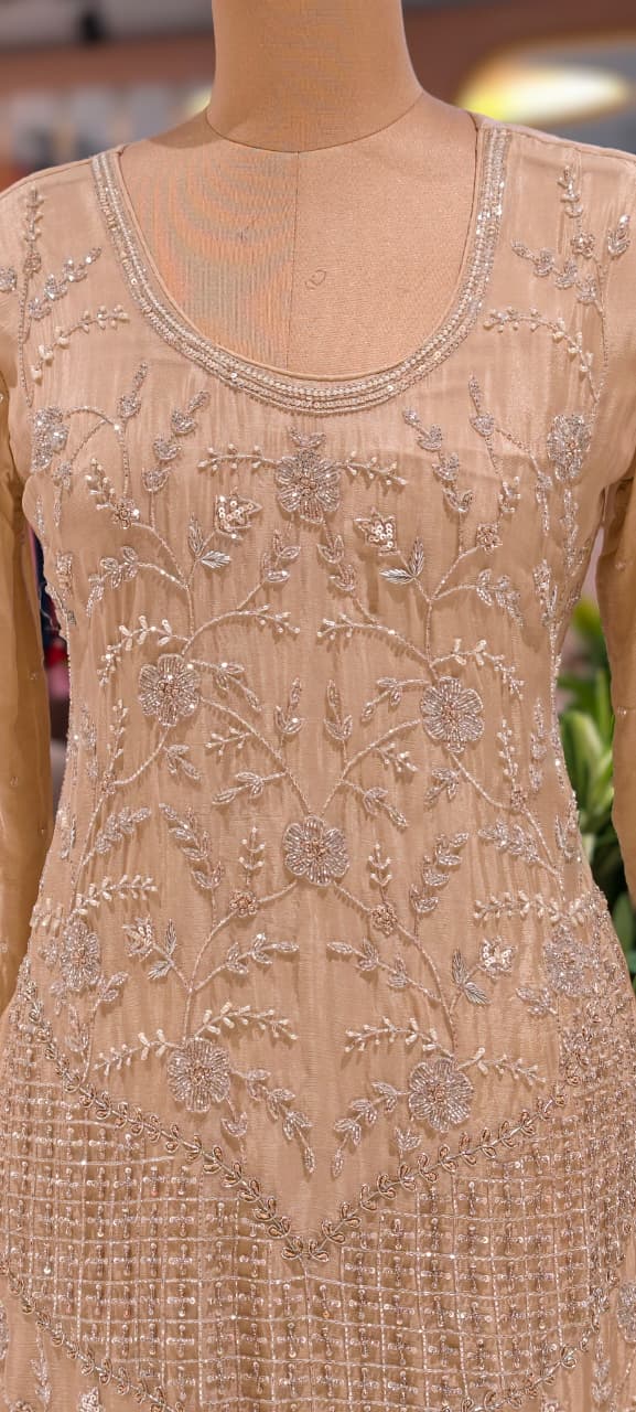 Cut Dana Floral Blossom Elegant Handwork Heavy Full Suit Set With Scalloped Dupatta In Chinon Fabric- 13631