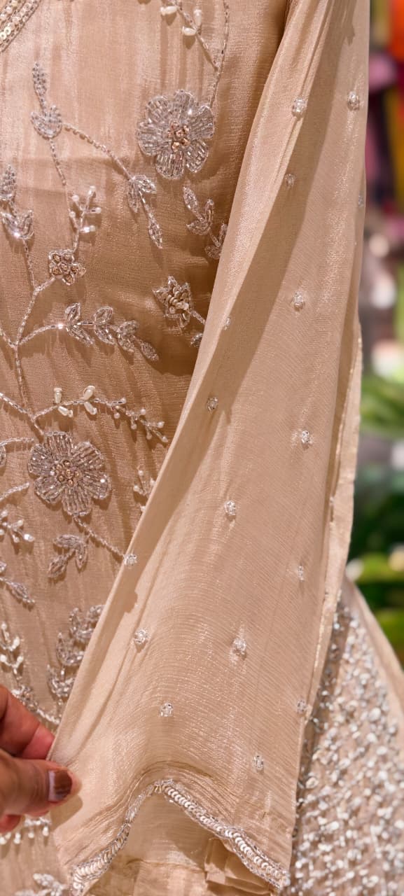 Cut Dana Floral Blossom Elegant Handwork Heavy Full Suit Set With Scalloped Dupatta In Chinon Fabric- 13631