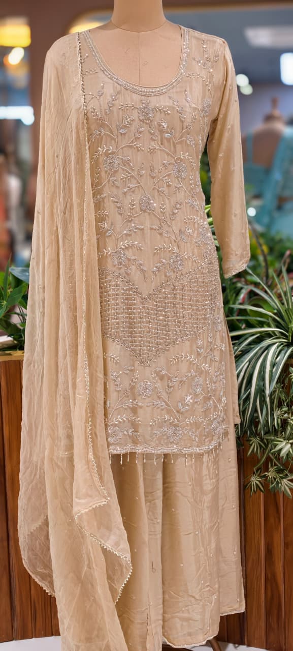 Cut Dana Floral Blossom Elegant Handwork Heavy Full Suit Set With Scalloped Dupatta In Chinon Fabric- 13631